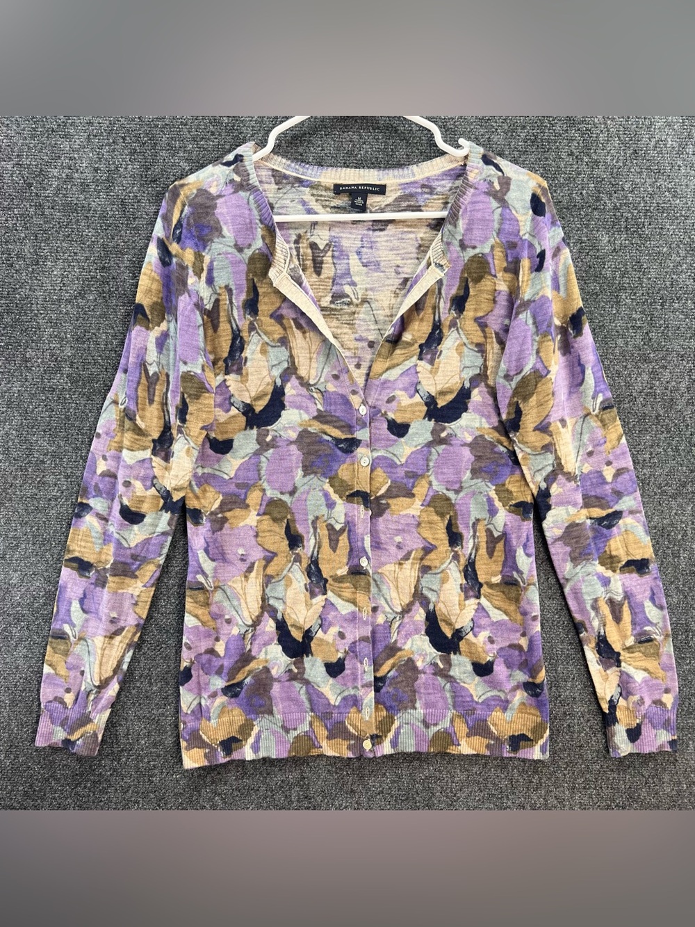 Banana Republic Floral Cardigan Sz M Purple Tan Button Up Artsy Botanical Cotton